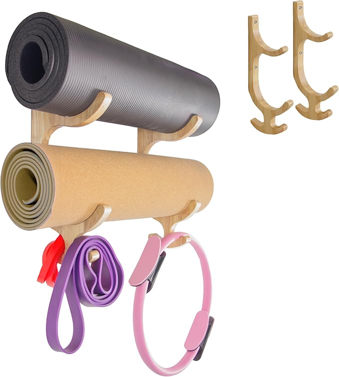 Wooden Yoga Mat Holder Wall Mount - Yoga Mat Storage Rack - Home Gym Equipment Storage & Organizer - Resistance Band Wall Mount - Home Gym Accessories Wall Rack - Workout Storage Organizer