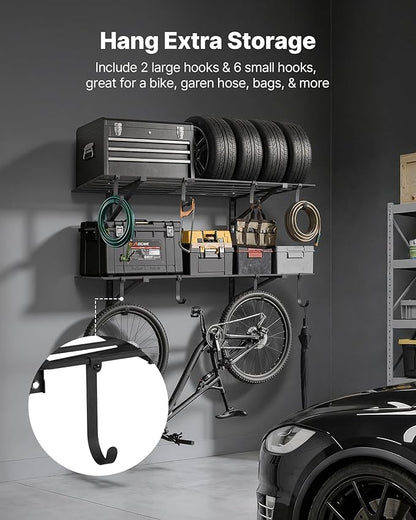 VEVOR 2-Tier Heavy Duty Wall Garage Shelving, 2 x 4 ft Steel Wall Mounted Shelving Unit with Hooks, 24 x 48 Inch Per Shelf Floating Storage Metal Rack for Garage, 520 lbs Total Weight Capacity, Black