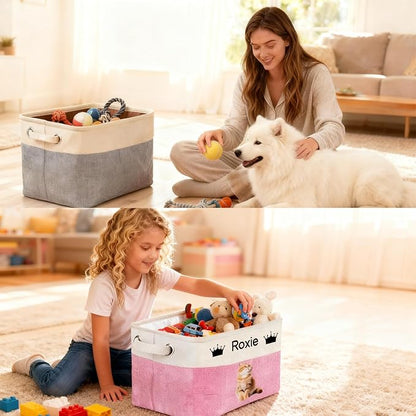 Customized Pet Toy Storage Basket - Personalized Dog & Cat Toy Organizer with Name, Foldable & Durable Fabric Bin for Pet Supplies, Organizer for Toys, Coats, Clothing, Blankets Purple