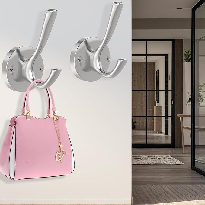 Brushed Nickel Robe Hooks Towel Hooks, 3 Pack Coat Hook Heavy Duty Mudroom Hook Double Bathrobe Hook Wall Mounted, Hat Hooks for Entryway Bathroom Kitchen Closet