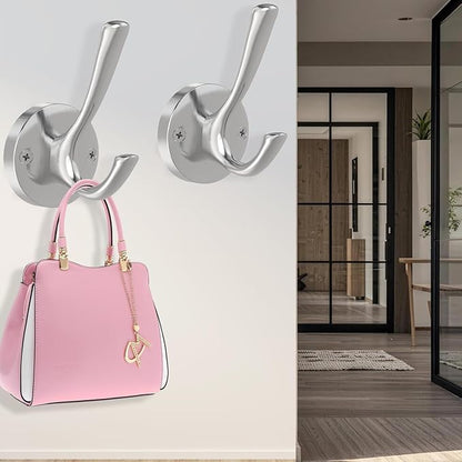Brushed Nickel Wall Hooks, 4 Pack Heavy Duty Coat Towel Hook Metal Double Hook Wall Mounted Hanging, Bath Towel Hooks for Entryway Cubicle Bathroom Closet Garage