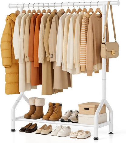 EAGMAK Sturdy Clothing Rack with Shelf, Metal Garment Rack with Leveling Feet for Hanging Clothes, Freestanding Clothes Rack for Bedroom, Apartment & Small Spaces, White