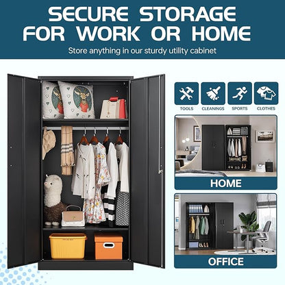 MIIIKO Steel Wardrobe Cabinet for Clothes, 72" Garments Closet Cabinet for Home Office and Bedroom with Shelves and Hanging Rod