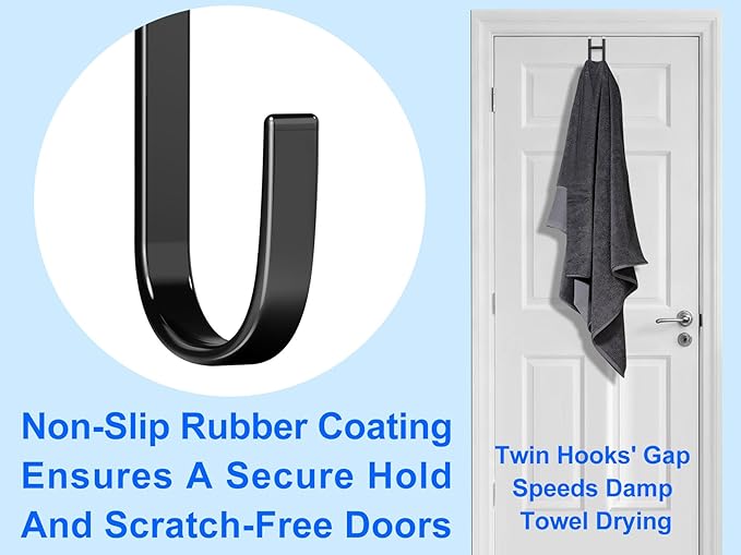 Over the Door Twin Metal Hooks with Plastic Coating 5.5" Fit 0.5" to 1 3/8" Door 2 Sets Heavy Duty Towel Robe Rack Wreath Bathroom Shower Hanger Shoe Organizer Ironing Board Short Black