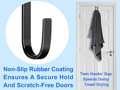 Over the Door Twin Metal Hooks with Plastic Coating 5.5" Fit 0.5" to 1 3/8" Door 2 Sets Heavy Duty Towel Robe Rack Wreath Bathroom Shower Hanger Shoe Organizer Ironing Board Short Black