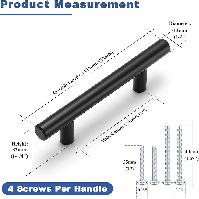 Estmoon 30 Pack Cabinet Handles Matte Black Cabinet Pulls with 3 Inch Hole Center, Stainless Steel Kitchen Cabinet Handles Black Kitchen Handles for Cabinets and Drawers, 76mm Hole Centers