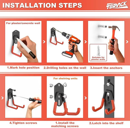 TORACK 15 PCS Garage Storage System Hooks, Shelving Hooks for Keyhole Shelving Units Wall Mount Utility Hooks for Tools, Ladders, Cords, Folding Chairs, Shovels and Rakes(Orange)