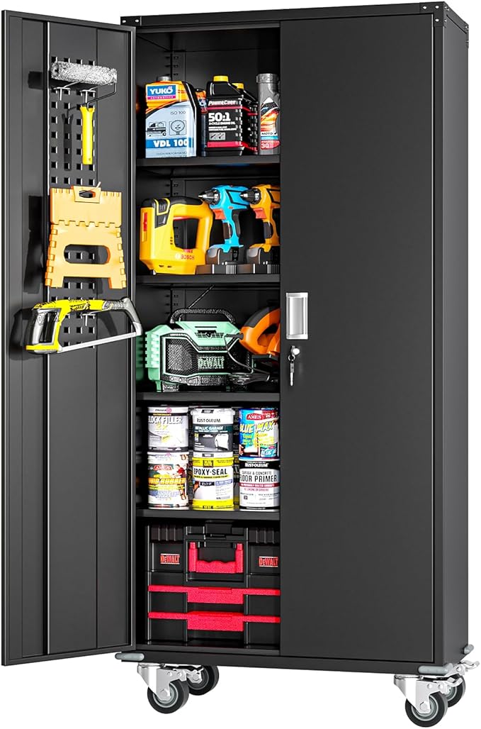 Greenvelly Garage Storage Cabinet with Wheels, Rolling Metal Cabinet with Pegboards and Adjustable Shelves,- 72" Steel Tool Cabinet for Home Office, Garage, Warehouse, Black