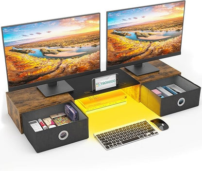 YAOHUOO Dual Monitor Stand with 2 Drawers, Computer Monitor Riser for 2 Monitors, Large Desktop Organzier with Storage for PC/Laptop/Computer/TV Screen/Printer (Brown)