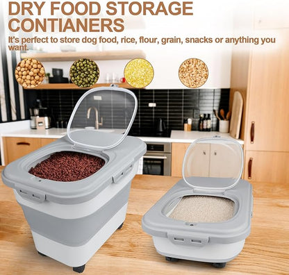 Dog Food Storage Container, 10-20lbs Collapsible Dog Cat Food Containers with Airtight Clear Flip-top，Rolling Wheel and Pet Food Scoop, Pet Food Storage Container Bin for Dog Cat Bird Pets