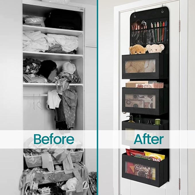 4 Tires Over The Door Organizer- Hanging Shelves with 2 Large Capacity Pockets-Storage Organizer For Kitchen, Baby Organizer Toys Nursery, Bathroom, Bedroom Hanging Closet Organizer-Black