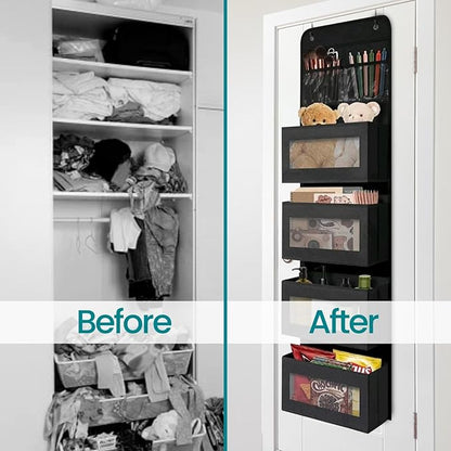 4 Tires Over The Door Organizer- Hanging Shelves with 2 Large Capacity Pockets-Storage Organizer For Kitchen, Baby Organizer Toys Nursery, Bathroom, Bedroom Hanging Closet Organizer-Black