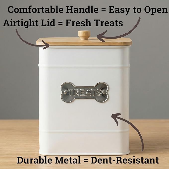 Dog Treat Container Airtight - 6 Inch Wide x 8 Inch Tall Iron Dog Treat Jar for Kitchen Counter with Airtight Bamboo Lid - 12 Cup Capacity Pet Treat Container - Doggie Cookie Jar - Big Treats Canister