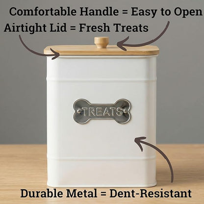Dog Treat Container Airtight - 6 Inch Wide x 8 Inch Tall Iron Dog Treat Jar for Kitchen Counter with Airtight Bamboo Lid - 12 Cup Capacity Pet Treat Container - Doggie Cookie Jar - Big Treats Canister