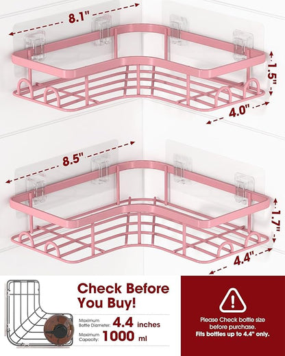 Corner Shower Caddy - 2 Pack, Adhesive Shower Organizers, Rustproof Stainless Steel Shower Shelves with 8 Hooks, No Drilling Bathroom Organizers and Storage Racks, Space-Saving, Pink, Medium