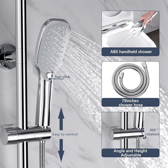 Rain Shower System with 304Stainless Steel Shelf, 12 Inch Rainfall Shower Head System with Handheld Spray, SonTiy Dual Shower Combo with Height Adjustable Holder, Brass Diverter, 1.8 GPM, Chrome