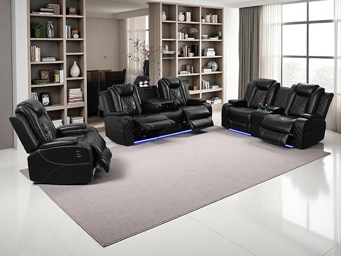 Modern Living Room Furniture Sets, Power Reclining Sofa Set, 3-Pieces Breathing Leather Black Power Recliner Sofa Couches Set with Storage Console/Cup Holder/LED Light for Office/Living Room