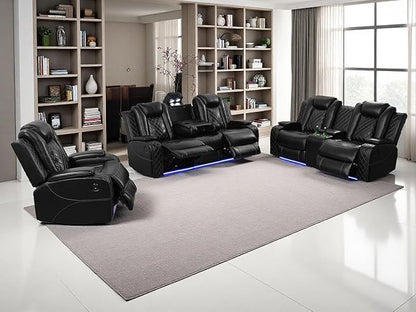 Modern Living Room Furniture Sets, Power Reclining Sofa Set, 3-Pieces Breathing Leather Black Power Recliner Sofa Couches Set with Storage Console/Cup Holder/LED Light for Office/Living Room