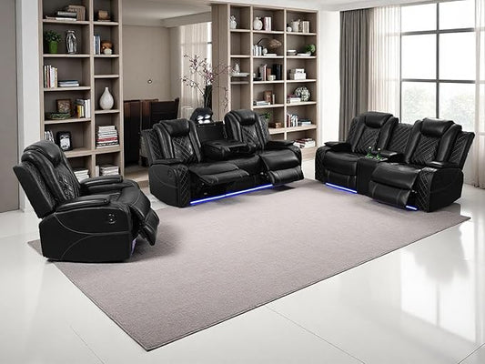 Modern Living Room Furniture Sets, Power Reclining Sofa Set, 3-Pieces Breathing Leather Black Power Recliner Sofa Couches Set with Storage Console/Cup Holder/LED Light for Office/Living Room