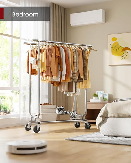 Stainless Steel Rolling Clothes Rack with Mesh Shelf, Lockable Wheels & Anti-Slip Stoppers, Freestanding Clothing Organizer for Bedroom, Laundry Room, 43.5" x 16.5" x 65.9", Silver