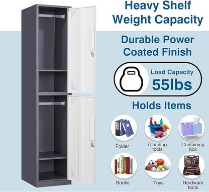 Metal Storage Cabinet, 71" Tall Storage Locker for Employees, Steel Cabinet with Lock and Keys for School, Gym, Home, Office Staff (2 Doors - Grey White)