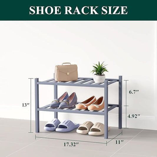 Smiry Bamboo Shoe Rack for Closet, 2 Tier Small Wooden Stackable Shoe Organizer, Free Standing Shoes Storage Shelf for Entryway, Front Door Entrance, Grey