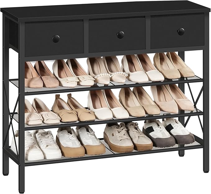 4-Tier Shoe Rack with 3 Drawers, Metal Shoe Organizer for 15 Pairs with Storage Shelves and Wooden Top, for Entryway, Hallway, Foyer, Closet, Black SS34BB