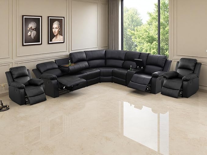 Living Room Furniture Sets, Black Manual Reclining Sectional Sofa Set with Cup Holders, Corduroy Sectional Couches and 2 Recliner Chairs with 5 Recliner Seats, Drop-Down Table, Storage Console
