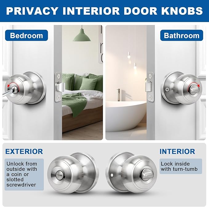Sopoby Privacy Door Knob, 5 Pack Brushed Nickel Round Keyless Doorknobs Interior/Exterior Lockset, Privacy Locking Door Knobs for Bedroom/Bathroom, Modern Design Door Hardware