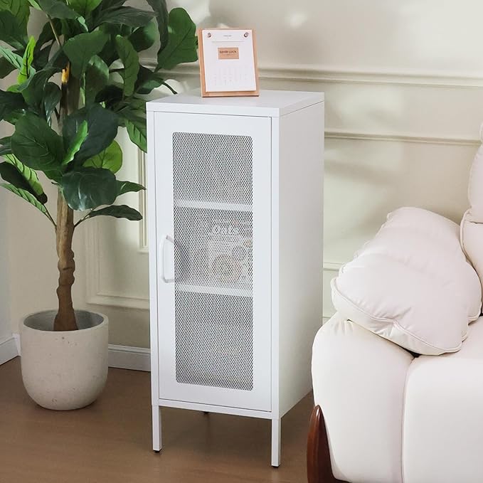Slim Metal Storage Cabinet with Mesh Doors - 42'' Tall Narrow Organizer Tower, Compact Freestanding Cabinet, Versatile Utility Storage for Home, Office, Bedroom, or Kitchen, Durable and Modern Design