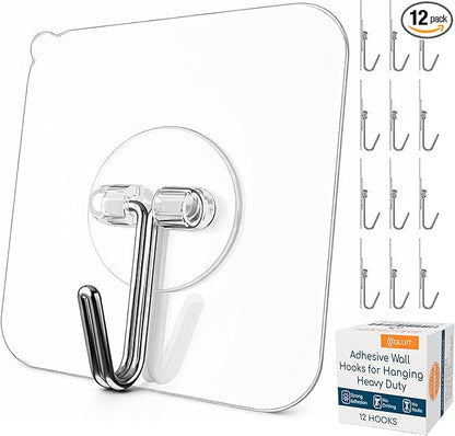 GLUIT Adhesive Wall Hooks for Hanging Heavy Duty 22 lbs Hooks for Walls No Drill, Towel Sticky Clear Hook, Waterproof, Home, Bathroom, Kitchen, Office, and Outdoor 12 Pack