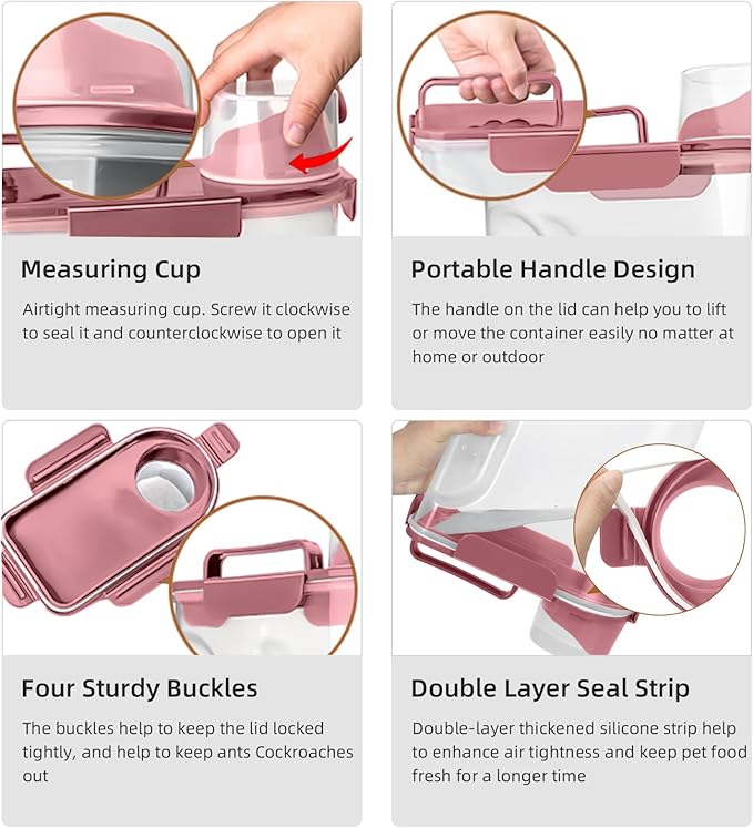 Airtight Small Cat Dog Pet Food Storage Containers BPA Free, with Large Pour Spout/1 Measuring Cup/ 4 Safety Locks and Double-layer Silicone Strip (Rose Pink, 5L-1pack)