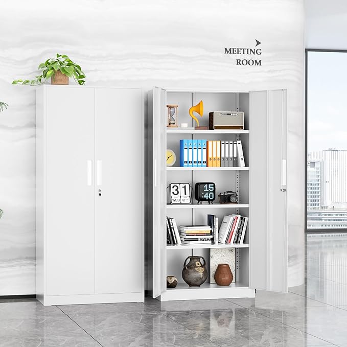INTERGREAT White Metal Storage Cabinet, 72" Locking Steel Cabinets with 2 Door and 4 Adjustable Shelves, Tall Metal Cabinet for Home Office, Garage, Warehouse