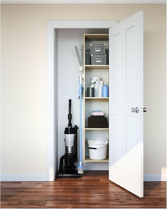 Easy Track 5 Shelf Wood Utility Mountable Home Closet Storage Tower Kit System with 5 Peg Rack, Bag Holder, and 2 Adjustable Shelves, Honey Blonde
