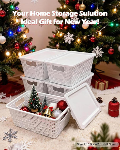 Plastic Storage Baskets with Lids [6-Pack] – Stackable Organizing Bins with Secure Snap-On Lids for Pantry, Bathroom & Closet | 11"x7"x5" Bins Hold 25lbs, Dustproof & Water-Resistant, White