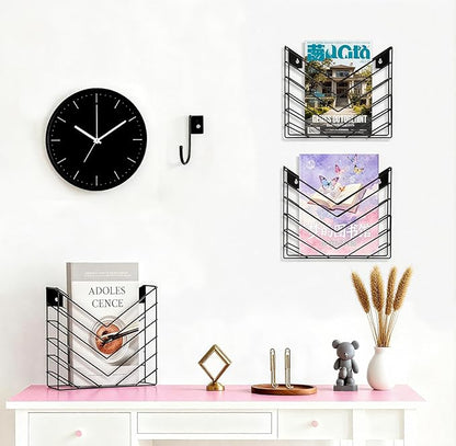 CROISSANT Black Wall Mounted File Organizer,Metal Magazine Basket, Concave Wall Mounted Magazine Rack, Suitable for Hanging File Folders for Office Living Room (Black, 4 Pack)