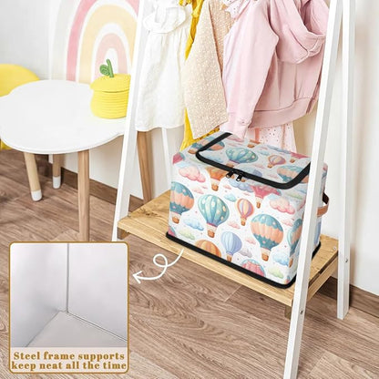 Colorful Hot Balloon Storage Bins with Zipper Lid, Collapsible Fabric Storage Basket with Leather Handles Closet Shelf Cloth Organizer Basket for Nursery Bedroom Clothes Toy