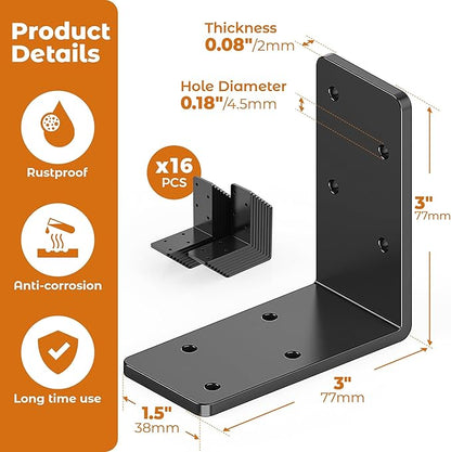 16 Pcs 3"x3" L Brackets Heavy Duty, Galvanized Corner Brace for Wood, Angle Iron with Recessed Holes, 90 Degree Angle Bracket for Floating Shelves, Wood Beams, Furniture, Bed