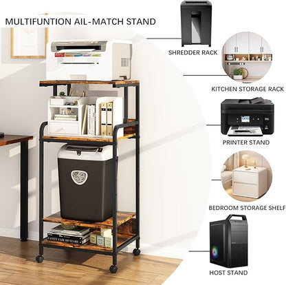 4 Tier Printer Stand with Storage Shelf, Large Tall Printer Cart with Wheels, Mobile Printer Table for Home Office, Adjustable Stands for Heat Press Scanner Fax (Brown)