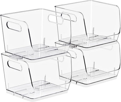 Sorbus Stackable Storage Bins Open Front, Clear Stackable Storage Bins, Pantry Bins for Storage and Organization, Acrylic Stackable Bins for Kitchen, Clear Pantry Organizer Bins (Small Square 4 Pack)