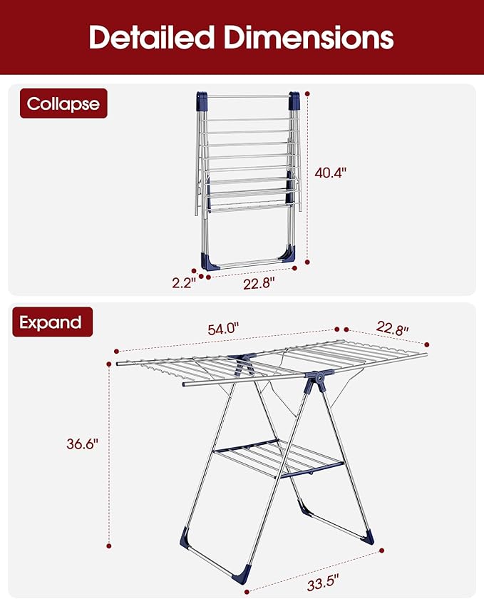 Clothes Drying Rack, Foldable Laundry Drying Rack with Height-Adjustable Wings, for Clothing & Bedding, Free-Standing Space-Saving Rack, Indoor & Outdoor, 54" L × 22.8" W, Silver Blue