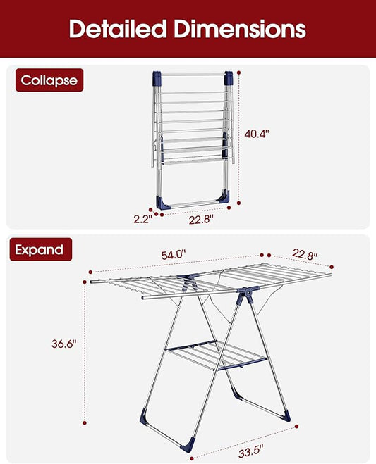 Clothes Drying Rack, Foldable Laundry Drying Rack with Height-Adjustable Wings, for Clothing & Bedding, Free-Standing Space-Saving Rack, Indoor & Outdoor, 54" L × 22.8" W, Silver Blue