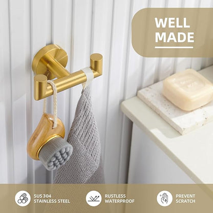 Angle Simple Bathroom Double Hook Brushed Dark Gold, SUS304 Stainless Steel Bath Towel Holder, Double Robe Hanger Wall Mount