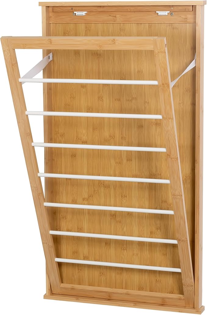 Wall-Mounted Clothes Drying Rack, Bamboo, Collapsible, 23 in W x 42 in H