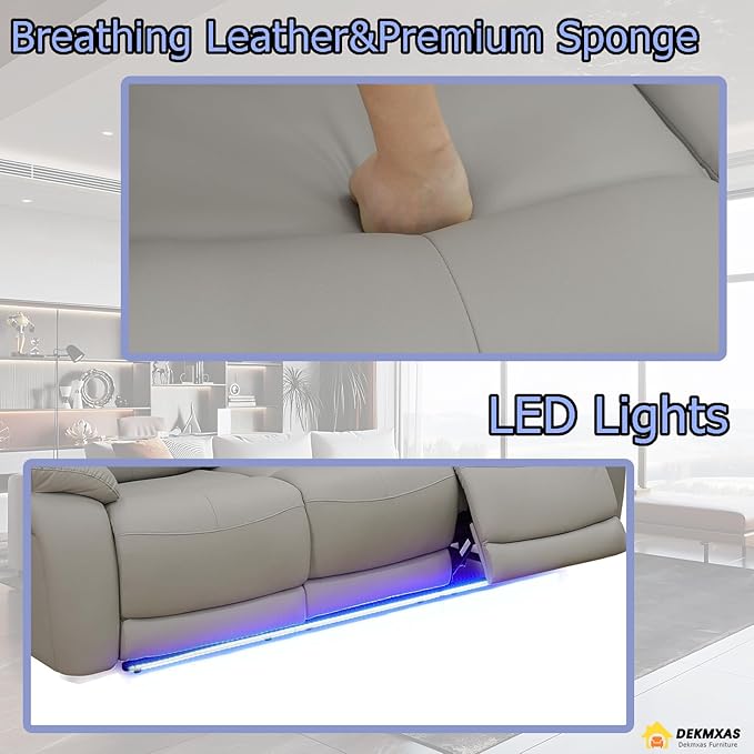 Breathing Leather Power Reclining Sofa, Living Room Furniture Sets, Light Grey Power Recliner Sofa Couch with 2 Recliner Seats/Cup Holders/LED Light/USB Port for Living Room, Office, Rv Car