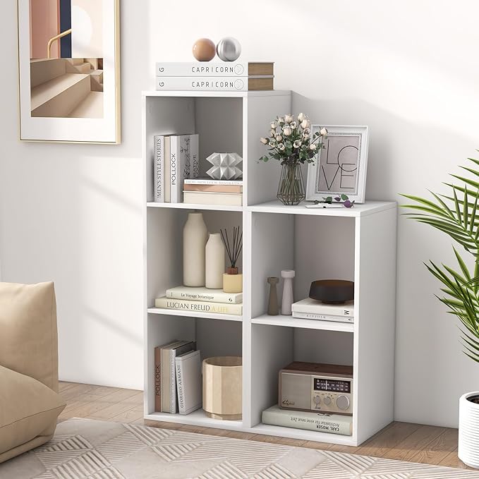 Giantex 3-Cube Bookcase, White Cubby Bookshelf w/Back Guardrail & Anti-Tipping Kits, 4-Tier Freestanding Storage Organizer with Shelves, Open Back Display Rack for Living Room, Bedroom, Study