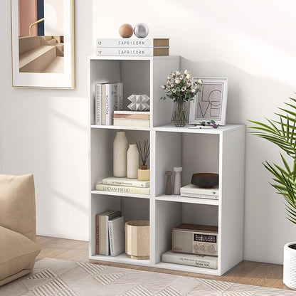 Giantex 3-Cube Bookcase, White Cubby Bookshelf w/Back Guardrail & Anti-Tipping Kits, 4-Tier Freestanding Storage Organizer with Shelves, Open Back Display Rack for Living Room, Bedroom, Study