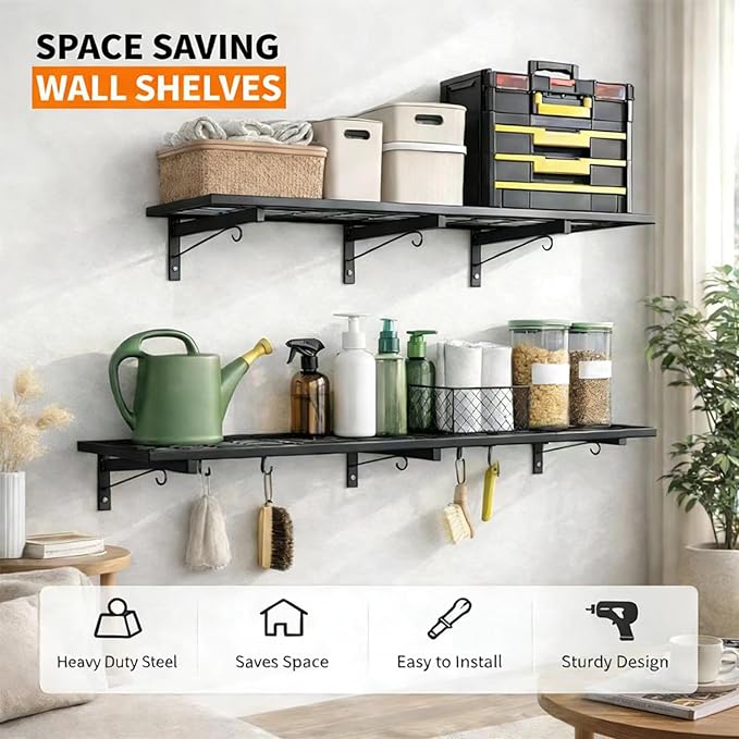 2 Pack Garage Wall Shelves, Heavy Duty Wall Mounted Shelving, 46”x12.5” Floating Shelf, 8 Hooks–Industrial Storage System with Reinforced Steel Powder-Coated Finish, 380lbs Capacity for Shop, Basement
