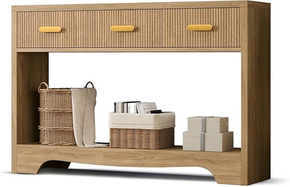 Fluted Console Table with Drawers, 47" Narrow Entryway Table with 3 Drawers and Open Storage Shelf, Long Sofa Tables Modern Behind Couch Tables for Living Room, Foyer and Hallway