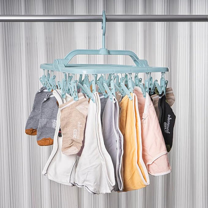 Foldable Clip Hangers with 26 Drying Clips, Underwear Hanger with Clips, Plastic Laundry Clip and Drip Drying Hanger for Socks, Bras, Lingerie, Clothes, Sturdy, Blue, 2pc